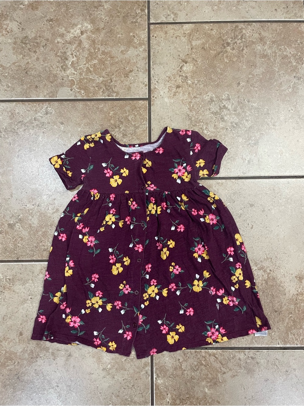 Girls Old Navy Floral Short Sleeve Dress - Maroon with Yellow & Pink Flowers